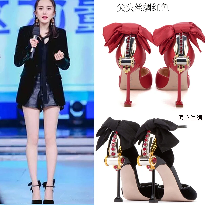 

Yang mi the same type of water diamond bowknot garden head girl high heels autumn stiletto sandals wedding shoes women