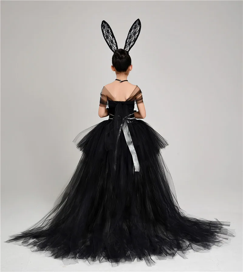 Шикарная мечта, 4 предмета, платье повязка на голову, ожерелье, перчатка, черное платье принцессы с юбкой-пачкой со шлейфом, черные вечерние платья из тюля для девочек на Хэллоуин