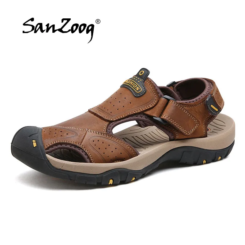

Genuine Leather Sandals Men Outdoor Breathable Sandal Summer Big Size Male Beach Shoes Khaki Brown Anti-Slip Sandale Homme