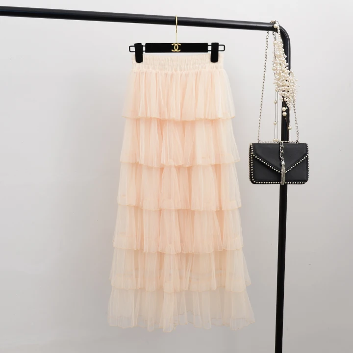 Кружева Тюлевая юбка Для женщин корейской моды Высокая Талия элегантные длинные макси юбка Женский черный, розовый сетки многоуровневого юбка для девочек