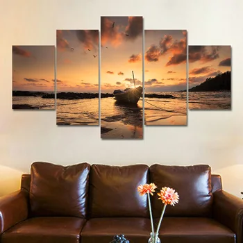 

Frame HD Printed Modern Canvas Living Room 5 Panel Boat Sunset Sea View Pictures Painting Wall Art Modular Poster Home Decor