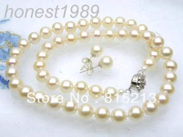 

ddh0034 Genuine 7.5-8mm AAA+ round white akoya pearl necklace earring 17" silver set