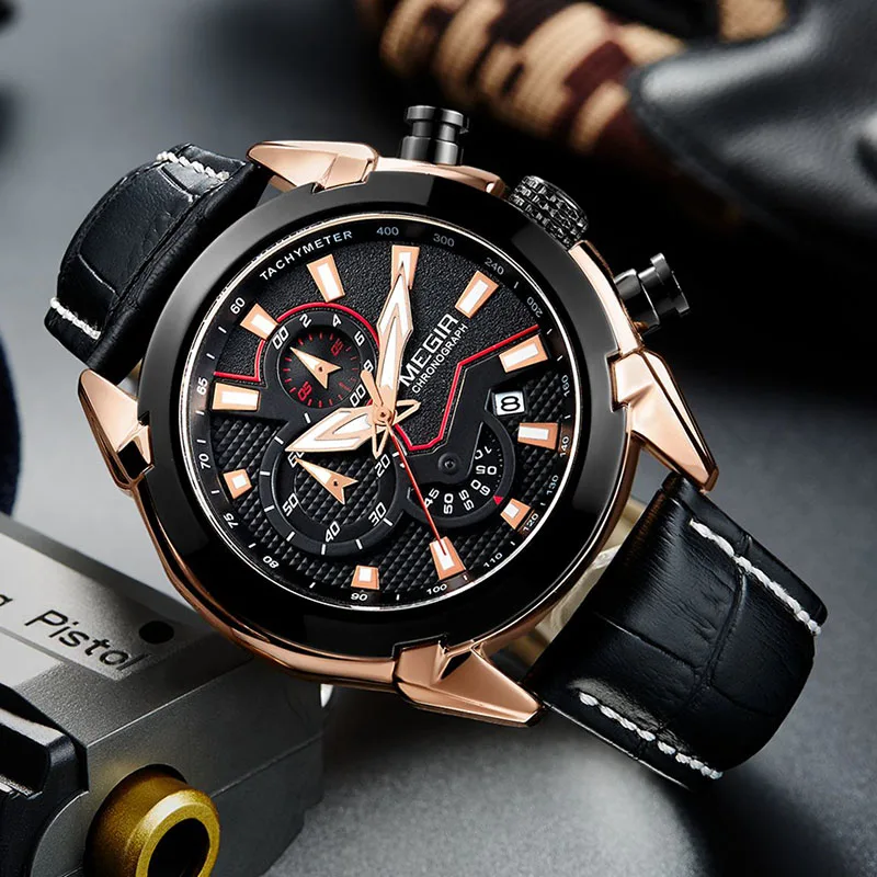 

Megir Watches Chronograph Men Watch Leather Military Sport Men Watches Top Brand Luxury Watch Stainless Steel Relogio Masculino
