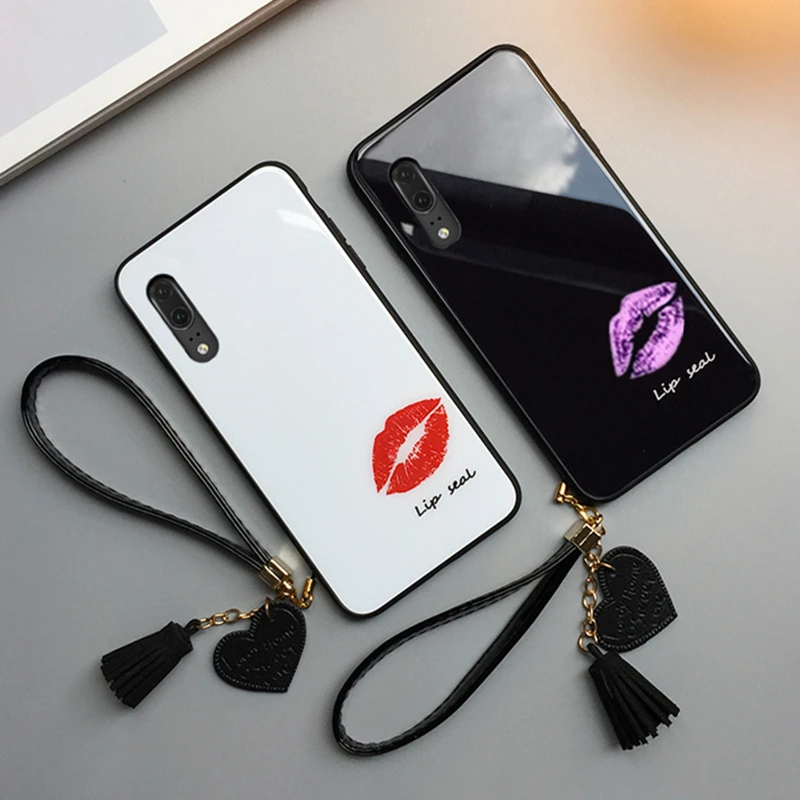 

For Samsung Galaxy A30 A50 A70 A20 A40S Tempered Glass Case Lip print Cover For Samsung A50 A70 A30 A20 Tassel Lanyard Funda