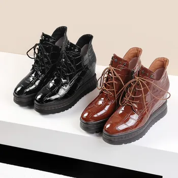 

GPOKHDS 2019 women ankle boots patent leather winter short plush rivets yellow color platform wedges high heels boots size 42