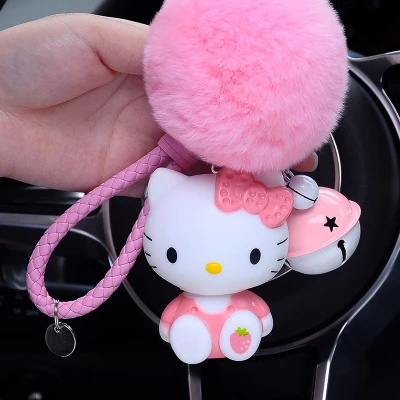 Cute Cartoon Hello Kitty Rabbit Fur Ball PomPom Pom Poms Keychain Women Leather Strap Metal Key Ring Chains Car Bag Charm D35B