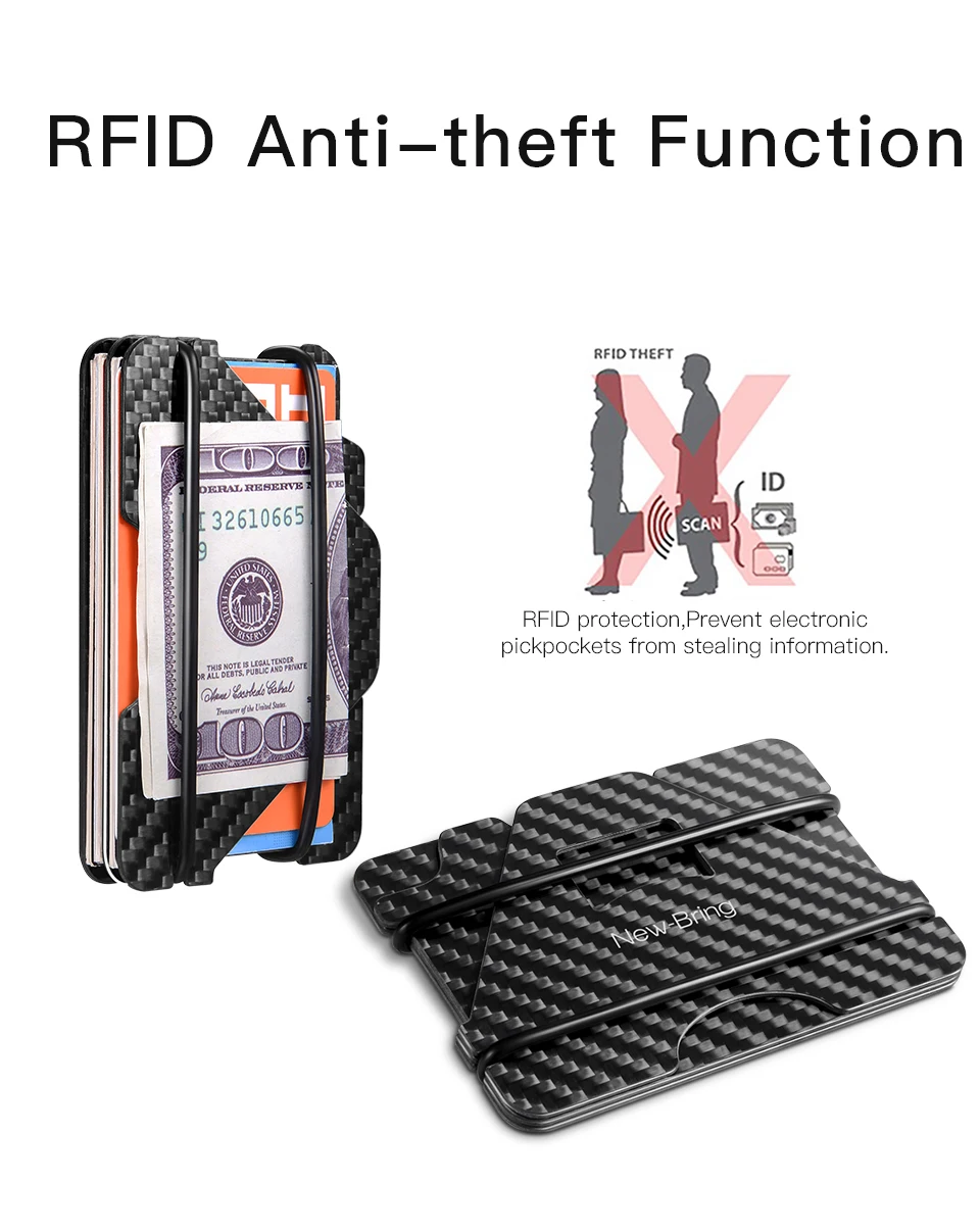 NewBring 100% Carbon Fiber Credit Card Driver License Holder Business Cards ID Wallet With RFID Blocking Anti-thief Wallet Men