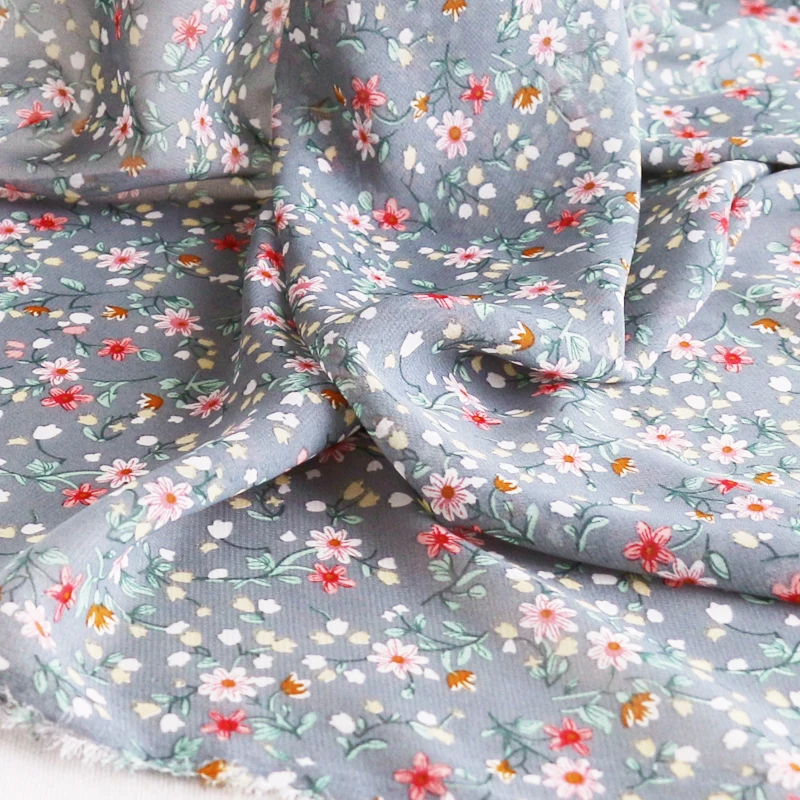 

Blue Grey Chiffon Print Material Elegant Floral Dress Fabrics Tecido