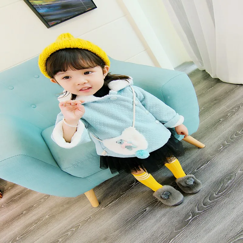 Baby girl Coat In Autumn and winter  Pure color dots Little bear bag Hooded jacket for Kids Children  (9)