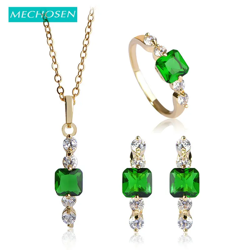 

MECHOSEN Cubic Zirconia Green Rhinestones Necklaces&Earrings&Rings Jewelry Sets Gold Copper Square Pendants Aretes Aneis Schmuck