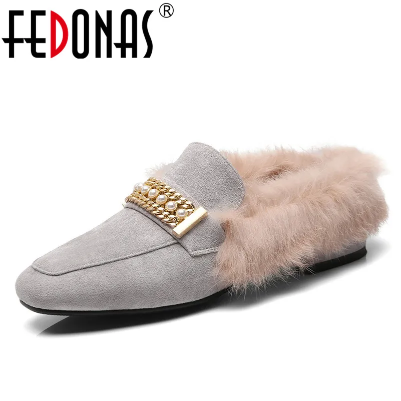 

FEDONAS Brand Elegant Pumps Genuine Leather Low Heels Beading Wedding Party Shoes Woman Fur Autumn Winter Prom Casual Shoes