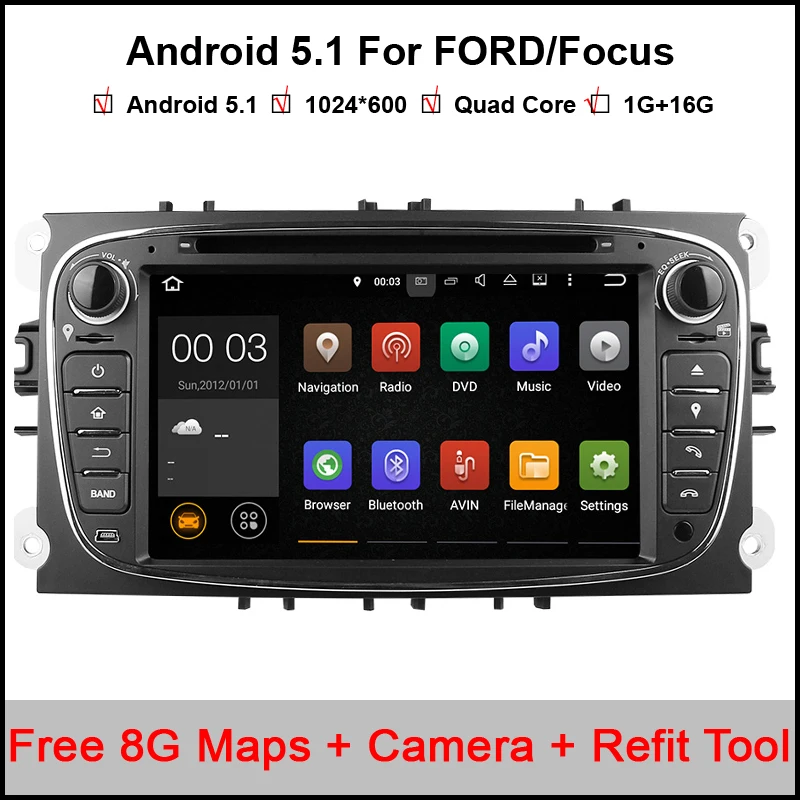 Perfect 1024*600 Android 5.1.1 Black Color 7 Inch Car DVD Player For FORD/Focus/S-MAX/Mondeo/C-MAX/Galaxy Wifi GPS NaviRadio Support DAB 0