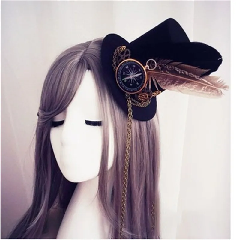 

Womens Lolita Cosplay Little Hat Hairpin Steampunk Mini Top Hat Vintage Fedoras Hat Gothic Gear & Compass Feather Chain Headwear