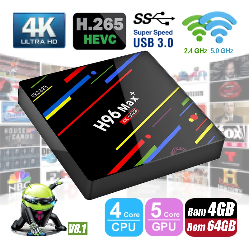 

H96 Max plus Ram 4G Rom 64G Android 8.1 Smart TV Box USB 3.0 Dual Wifi 2.4/5.0G RK3328 4-core Set Top Box 4K HD Media Player