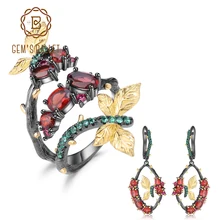 GEM'S балетные 925 пробы серебро ручной работы Оригинальное кольцо серьги наборы 6.94Ct натуральный гранатовый камень набор украшений для женщин