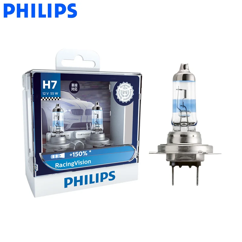 

Philips H7 12V 55W Racing Vision +150% More Bright Car Headlight Auto Halogen Lamp Rally Performance ECE 12972RV S2, Pair