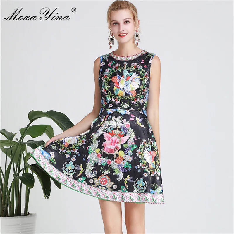 

MoaaYina High Quality Fashion Designer Runway dress Spring Summer Women Dress Beading Floral-Print Slim Elegant Dresses