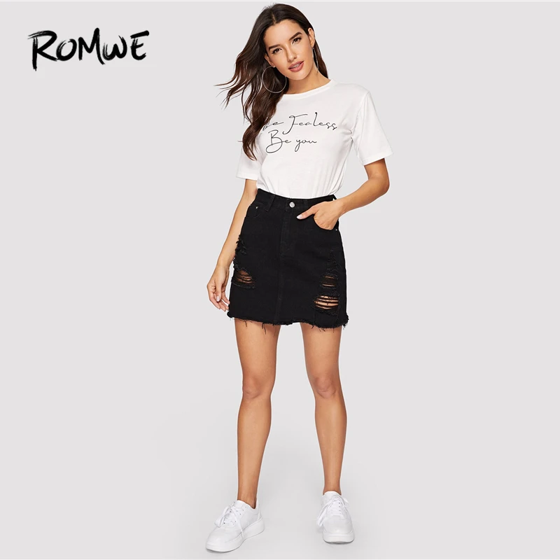 ROMWE черная джинсовая юбка для отдыха с потертостями, женская летняя юбка с карманами, Ретро стиль, потертая кромка, высокая талия, рваные Повседневные мини-юбки