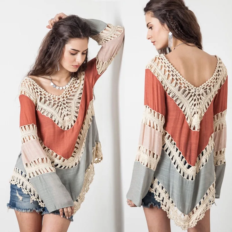 Women's V Neck Long Sleeve Knit Beach Poncho Cover up Patchwork Beachwear in CoverUps from