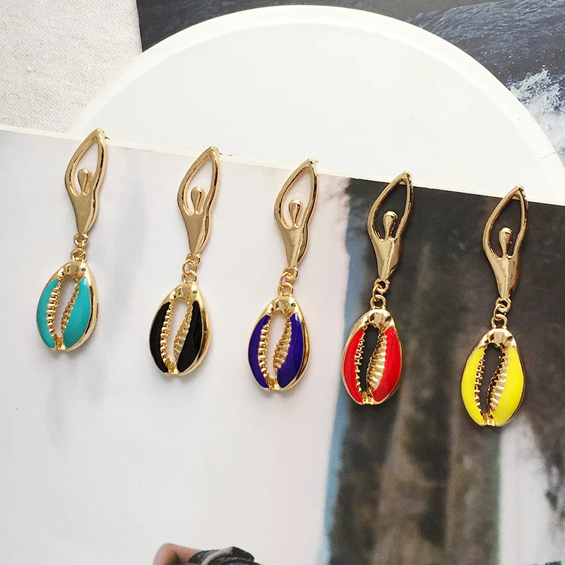 

Fashion Colorful Oil Cowrie Shell Drop Earring for Women Gold Color Ballet Girls Earring Statement Geometric Bincos