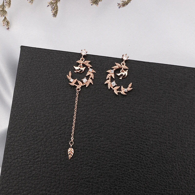

MENGJIQIAO 2019 New Forest Series Cute Bird Metal Leaf Semicircle Asymmetric Earrings For Women Fashion Cubic Zircon Oorbellen