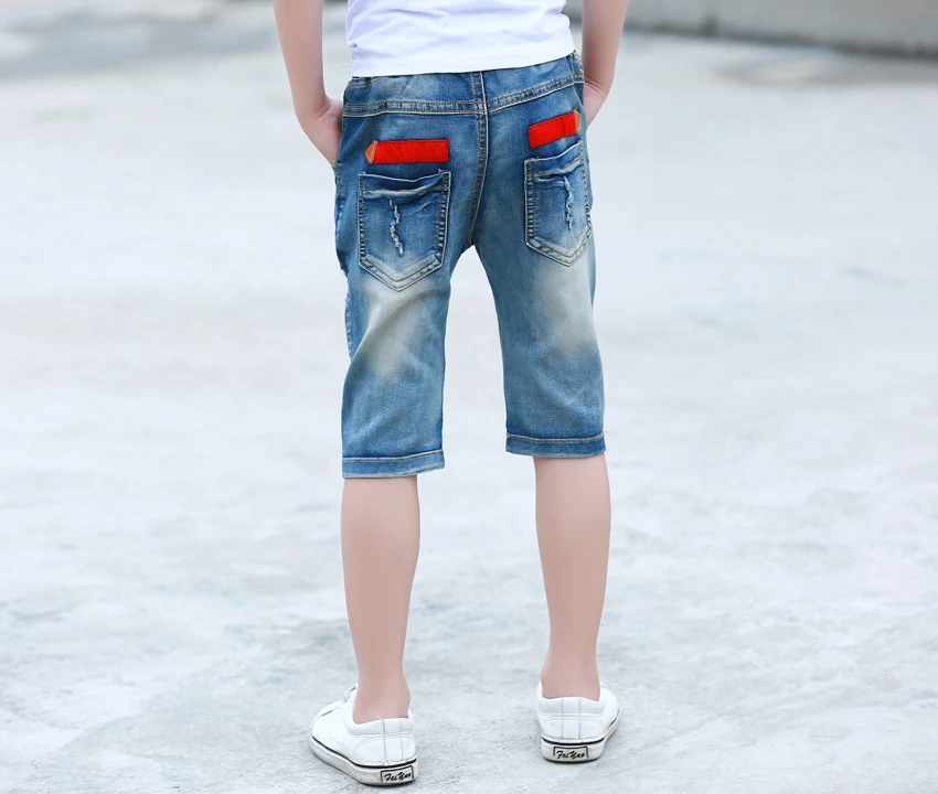 Лидер продаж для маленьких мальчиков рваные джинсы Шорты Брюки для возраста 3 4 5 6 7 8 От 9 до 13 лет дети по колено голубой цвет деним летняя