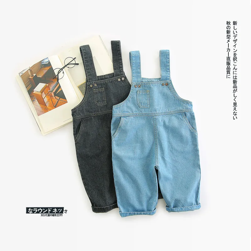 

Autumn Children's Overalls Infant Blue and Black Denim Bib Pants Baby Boy Girl Jeans Casual Trousers 1-4T Free Drop Shipping