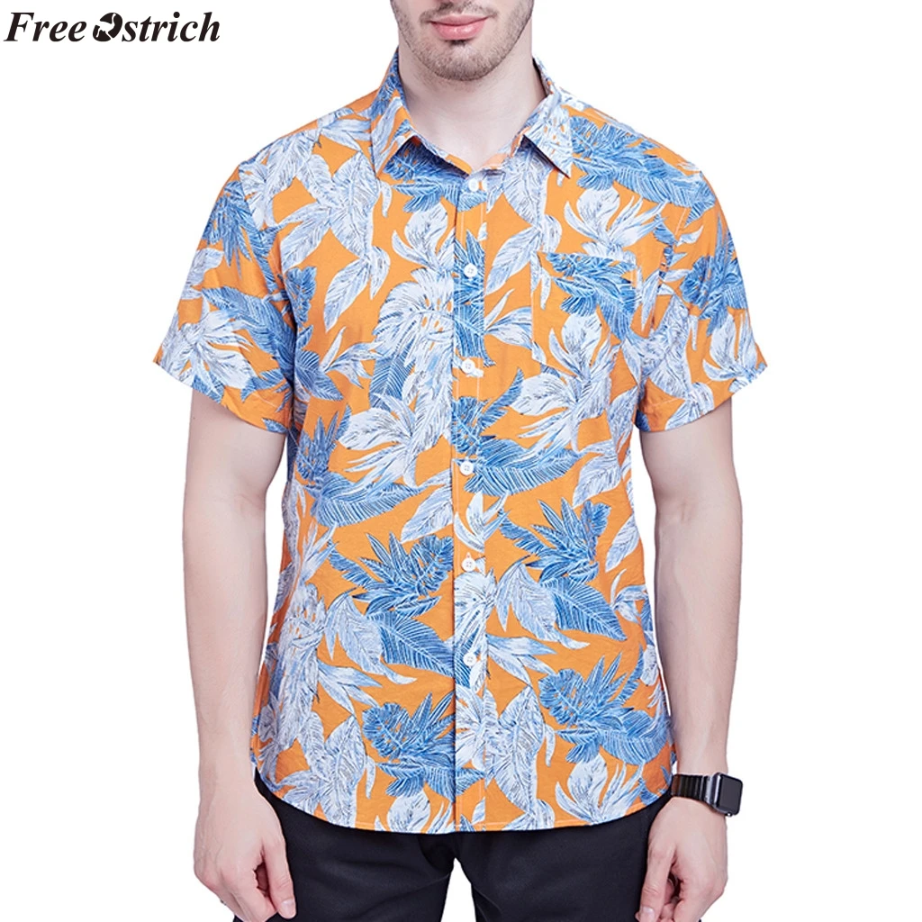 

FREE OSTRICH Men's Cotton Loose Beach Vacation Short Sleeve Shirt Print Buttons Lapel Casual Shirt Fashion Comfort Top Plus Size