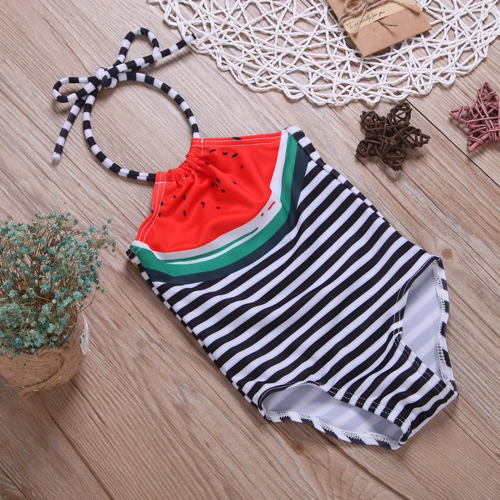 Для маленьких девочек купальники полосатый принт ремни пляжные летние бикини купальник с арбузом Повседневное ванный комплект купальники для девочек