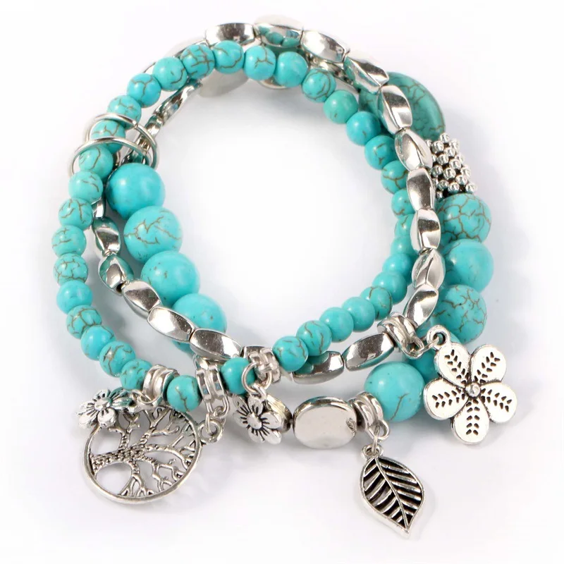 

Boho Vintage Turquoises Natural Stone Beads Bracelet Set for Women Charm Life Tree Flower Leaves Multilayer Bracelets bangles