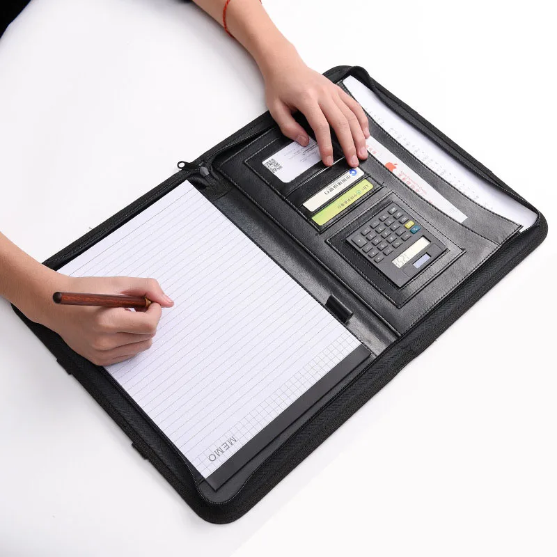 

Portable Leather A4 Clipboard Document Folder Portfolio Multi-function Paper Organizer Storage Bag Writing Pads with Calculator