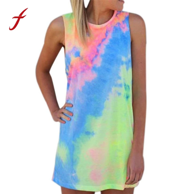 Best Deal Women Casual Random Color Printed Round Neck Mini Dress 2017