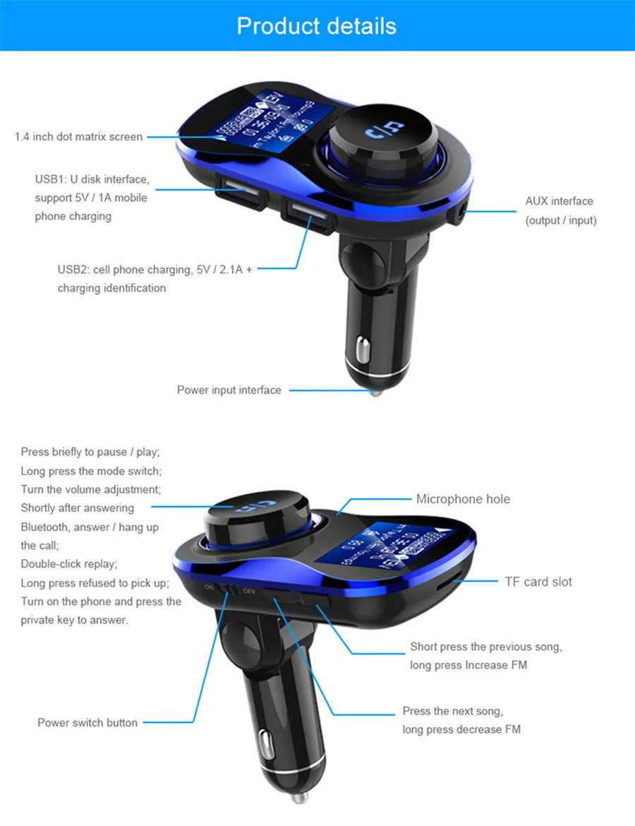 Новый Bluetooth 5 в 3.1A двойной USB Автомобильное зарядное устройство MP3 музыкальный плеер FM передатчики для iPhone и Android телефонов