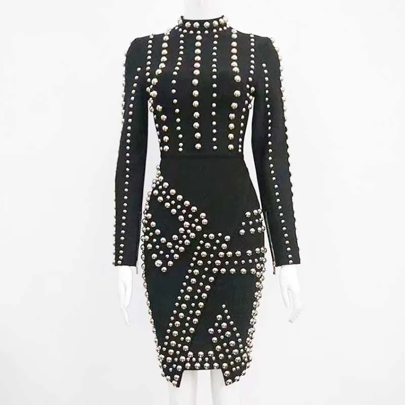 

wholesale New Dress black Long sleeves Beading Fashion luxury Casual woman Cocktail party Bandage dress (L2102)