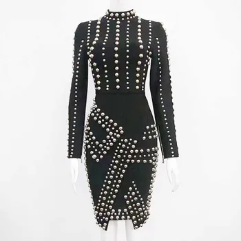 

wholesale New Dress black Long sleeves Beading Fashion luxury Casual woman Cocktail party Bandage dress (L2102)