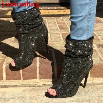 

Peep Toe Crystal Embellished Spring Autumn Boots High Thin Heel Super Star Runway Shoes Luxury Brand Party Dress Short Booties