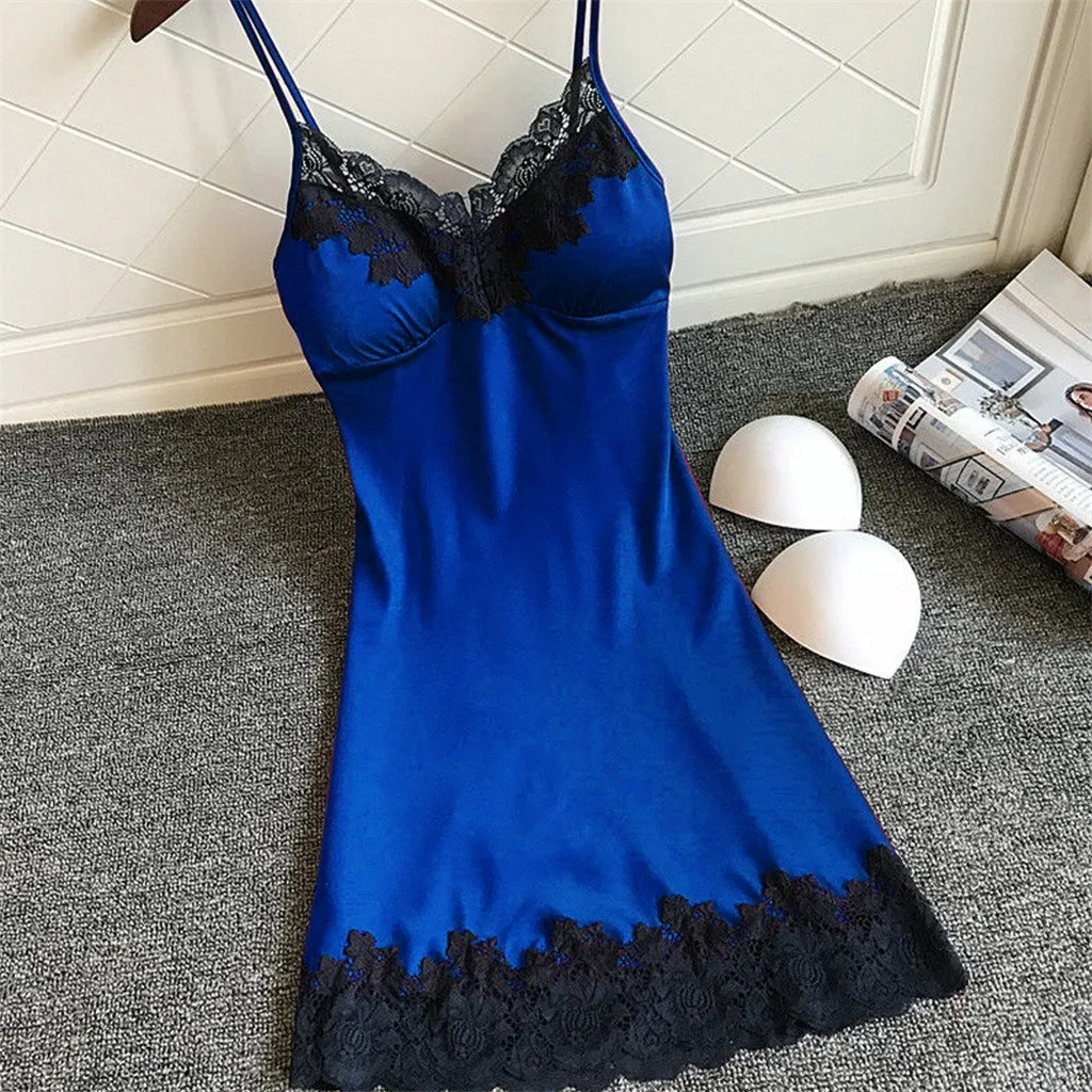 

Women's Sexy Lingerie Silk Nightgown Summer Dress Lace Night Dress Sleepwear Babydoll Nightie Homewear Chest Pad Nightwear D10