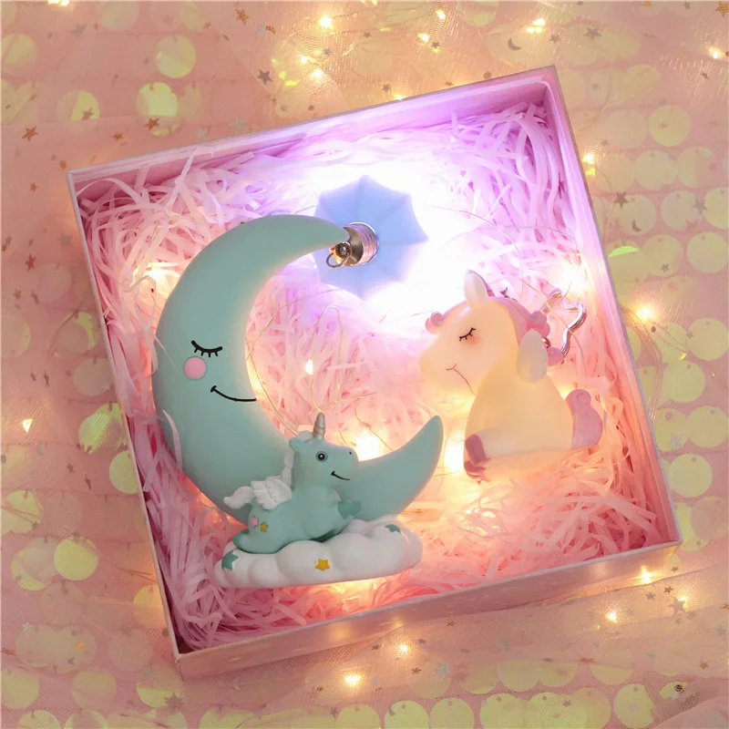 gift pack F Креативный светодиодный ночной Светильник Единорог Луна смолы мультяшный ночной Светильник Романтический Украшения в спальню Ночной светильник и дни рождения для малышей и детей постарше, подарок на Рождество - Испускаемый цвет: gift pack F