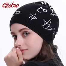 Geebro, новинка, женские кашемировые шапки с геометрическим принтом, повседневные зимние шерстяные вязаные шапки, Дамская Осенняя Шапка-бини с принтом, DQ417M