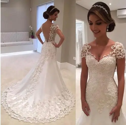 

2017 vestido de Manga Curta Com Decote Em V Do Vestido de Casamento Vestido de noiva Branco Backless Lace A Linha Do Vestido