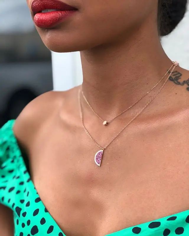 

2019 ROSE gold color summer autumn delicious fruit design pink cubic zirconia watermelon cherry pendant fashion necklace jewelry
