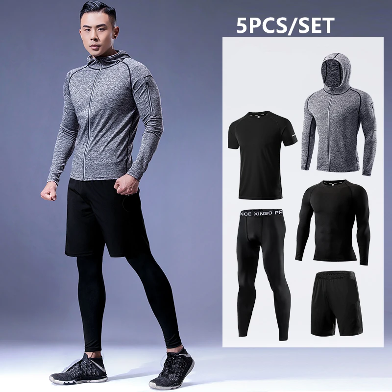 Quick Dry Running Sport Suit Men's Compression Sets 5pcs/set Basketball ...