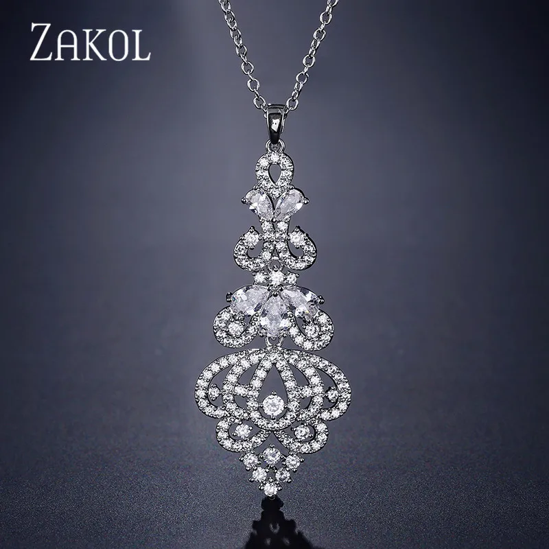 

ZAKOL Vintage Leaf Bridal Wedding Jewelry Luxury Cubic Zirconia Chandelier Necklaces Pendants for Women Accessories FSNP2082