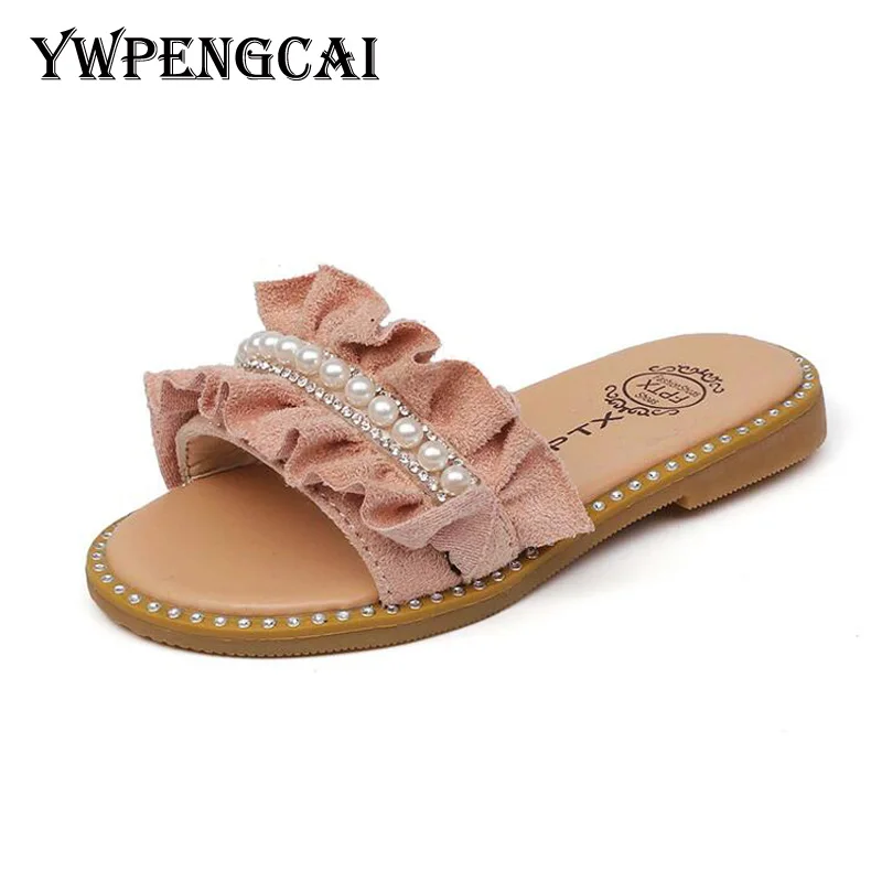 

Summer Ruffle Flowers Children Flat Slippers Rhinestone Beading Girls Slippers Size 21-30 Baby Toddler Girl Slippers #9CO0130