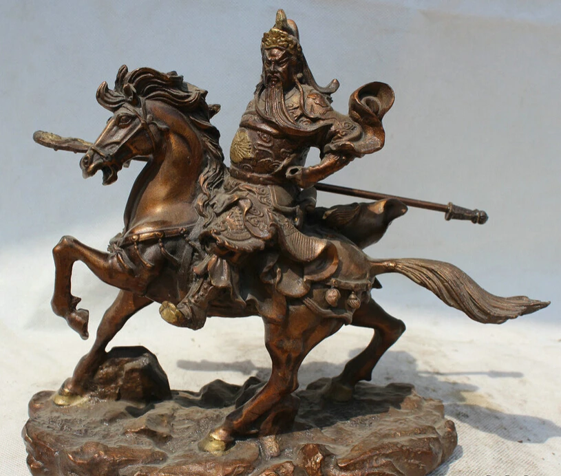 

Collectible bronze S1688 11" Chinese Bronze Guan Gong Yu Warrior Justice God On Horse Hold Sword Statue