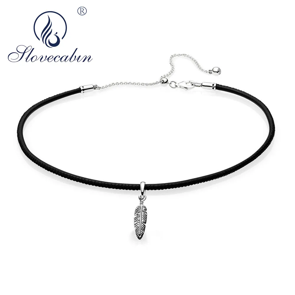 Baratos Slovecabin Original europeo 2018 Plata de Ley 925 negro cuero gargantilla collar y pluma colgante claro CZ cadena collar