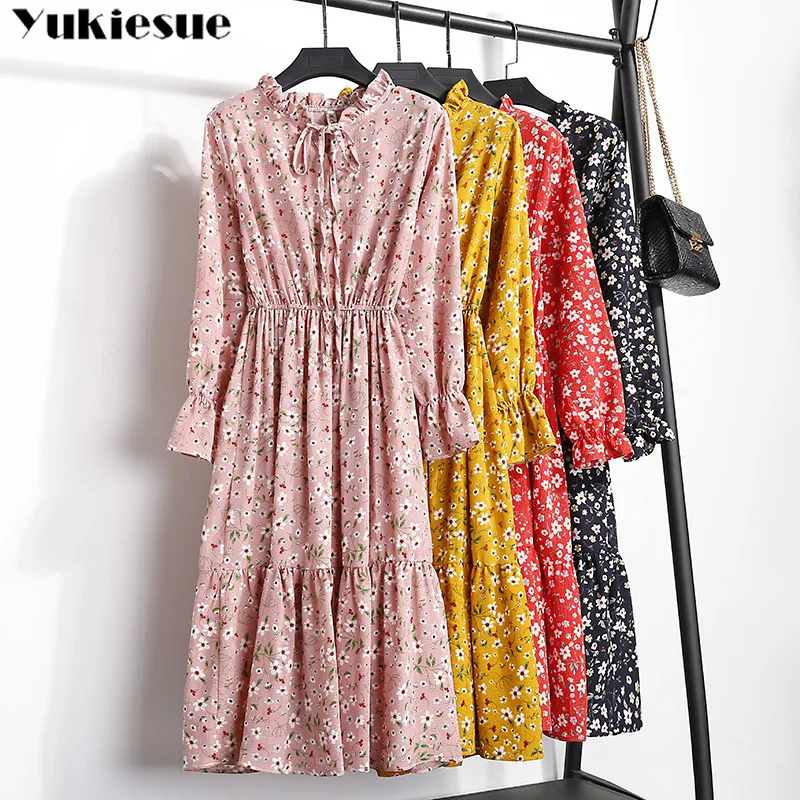 

Summer Autumn Chiffon Print Dress for women Casual Cute Women's floral Bowknot Dresses Long Sleeve female Vestido clothe