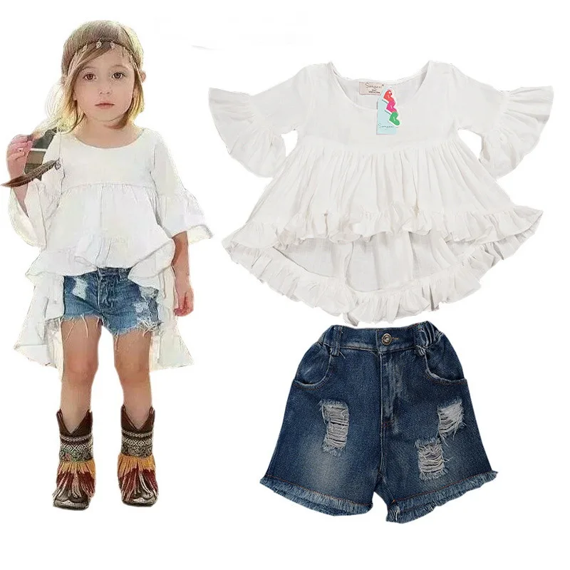 

hot style Baby girls suit fashionable dovetail knit t-shirt dress + jeans pants of the girls kids clothes