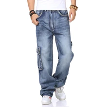 Plus Size Hip Hop Baggy Cargo Jeans Men Straight Loose Fit Jeans For Men Blue Denim Pants Side Pocket Large Size 38 40 42 44 46