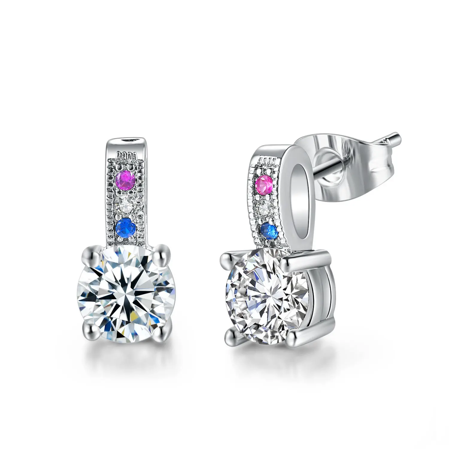 Hainon Cute Romantic Lovely Clear Stone Round Shape Simple Silver Color Stud Earrings Blue Purple Cubic Zirconia For Women Party | Украшения